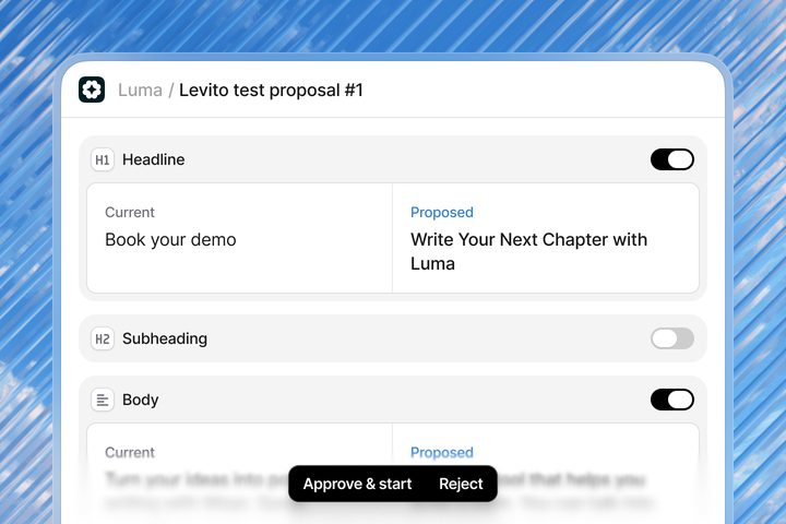 A Levito test proposal awaiting approval, with each element’s current and proposed copy side by side